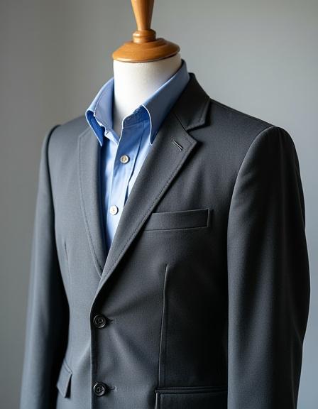A detailed shot of a tailored casual jacket on a mannequin.
