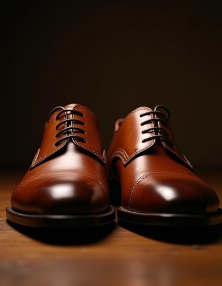A pair of masterfully crafted brown leather oxford shoes.